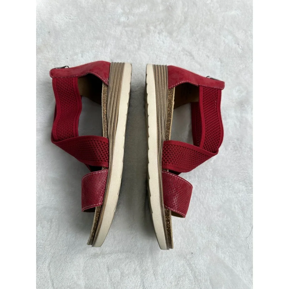 Biza Bree Red Leather Elastic Cross‎ Strap Wedge Sandals Womens 40 Zip Back